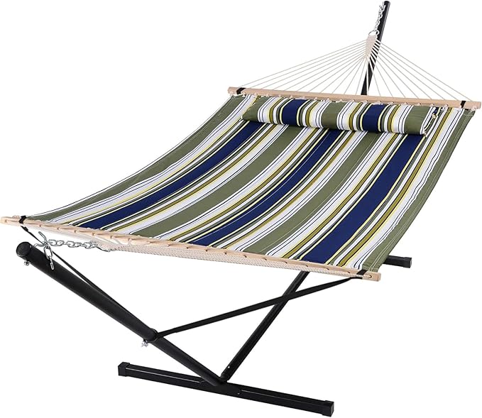 SUNCREAT Double Hammock, Extra Large Quilted Fabric Swing with Hardwood Spreader Bars & Detachable Pillow, Heavy Duty, Perfect for Indoor/Outdoor Patio, Deck, Yard, Blue&Aqua