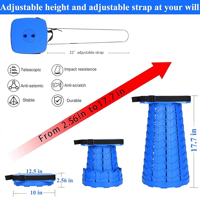 Fishboy Upgraded Square Collapsible Stool, 400lbs Max Weight, Lightweight But Sturdy, Portable Retractable Folding Telescoping Foldable Camping Stool for Adults Outdoor Fishing Hiking Travel BBQ