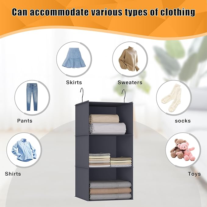 Hanging Closet Organizer and Storage 3-Shelf, Easy Mount Foldable Hanging Closet Wardrobe Storage Shelves, Clothes Handbag Shoes Accessories Storage, Washable Oxford Cloth Fabric, Dark Gray