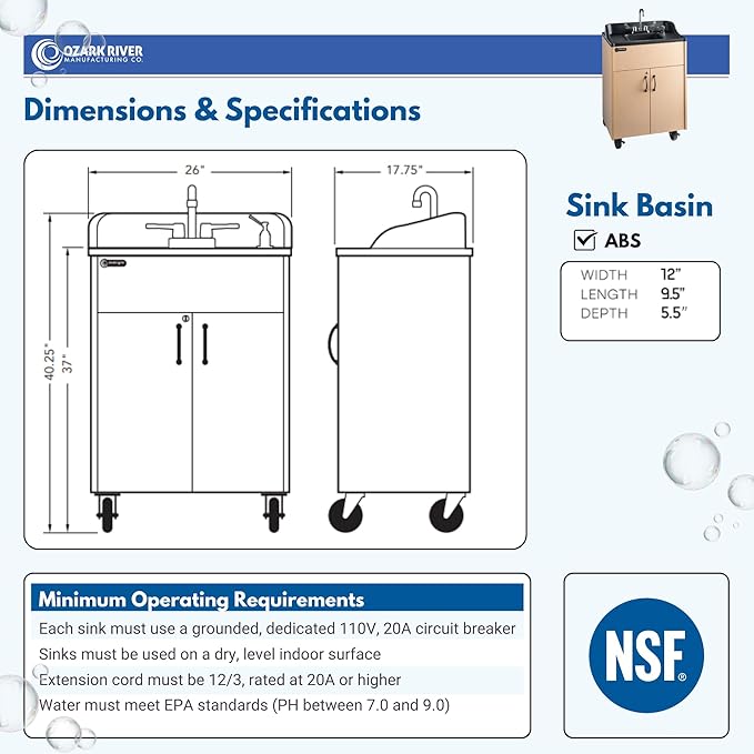 Ozark River Portable Sinks Premier Maple, Maple Laminate-ABS Sink, Mobile Self Contained Sink, Mobile Hand Washing Station, Portable Sink with Hot Water, Portable Sink Hand Wash Station, 110V