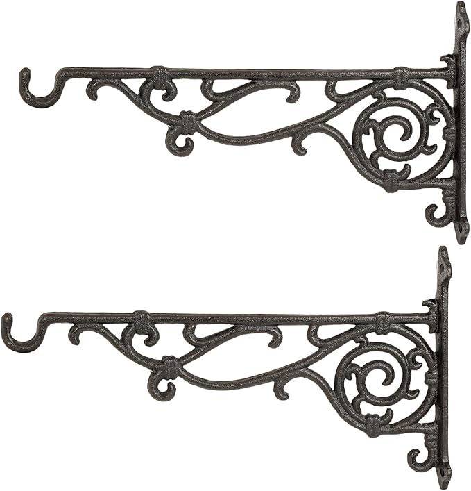 Sungmor Cast Iron Hanging Plant Bracket, 16.5" Large Outdoor Wall Plant Hangers, 2pcs Black Heavy Duty Hanging Basket Hooks, Decorative Hooks for Flower Pot, Lantern, Wind Chime, Hummingbird Feeder