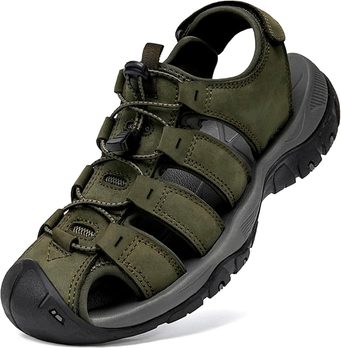 Men's Sport Sandals Closed Toe Leather Hiking Athletic Walking Outdoor Beach Trail River Fishing Water Shoes Lightweight Comfortable Waterproof