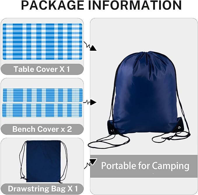 CAPSCEOLL Fitted Picnic Table Cover with Bench Covers with Elastic 6Ft Waterproof Camping Picnic Table Cover Cloths for Outdoors Camping Tablecloth with Drawstring Bag, 72X30in, Blue Checkered