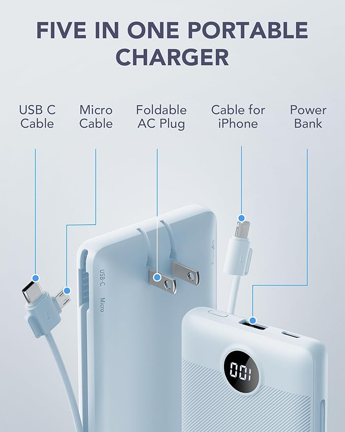 VRURC Portable Charger Built-in Cables and AC Wall Plug, USB C Power Bank 10000mAh, Travel Essentials Phone Charger Compact Lightweight External Battery Pack for Smart Phones, Tablets etc-Blue
