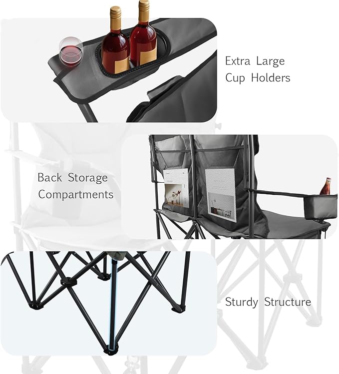 Folding Camping Chair - Oversize Camping Chairs for Adults, 2 Seat Folding Chair Support 650lbs with Pillows & Cup Holders & Cooler Bags- Heavy Duty Chair for Sports Garden Beach Fishing(Blackgray)