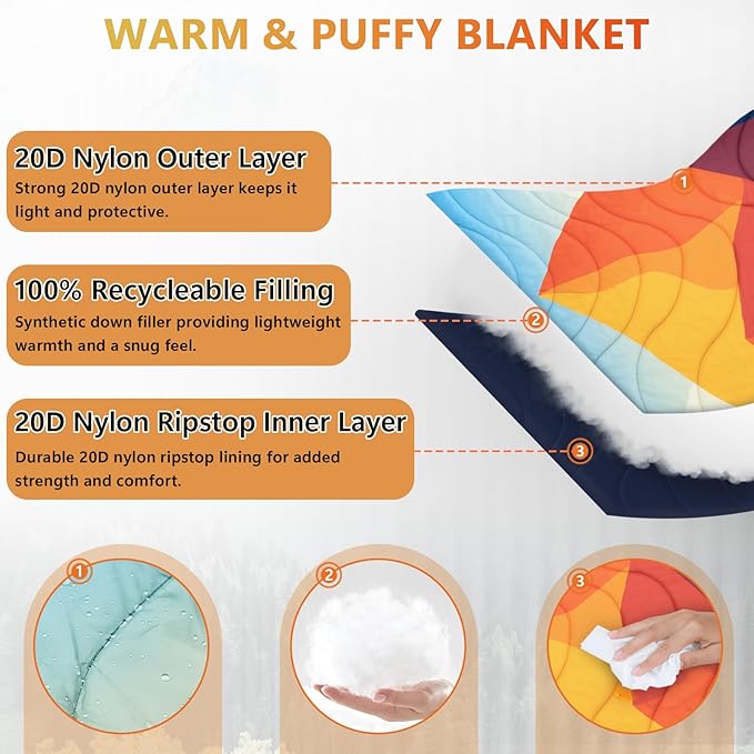 Outdoor Camping Blanket, Packable Down Alternative Puffy Camping Blankets Lightweight Water-Resistant Compact Outdoor Blanket for Airplane Travel Picnic Stadium Hiking Party Cold Weather 55"x78.8"