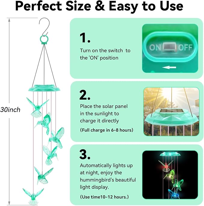 Wind Chimes,Hummingbird Solar Wind Chimes for Outside, Memorial Wind Bell for Garden/Patio Mobile Decorative Thanksgiving Gifts for Mom, Wife, Grandma Neighbors(Green 28")
