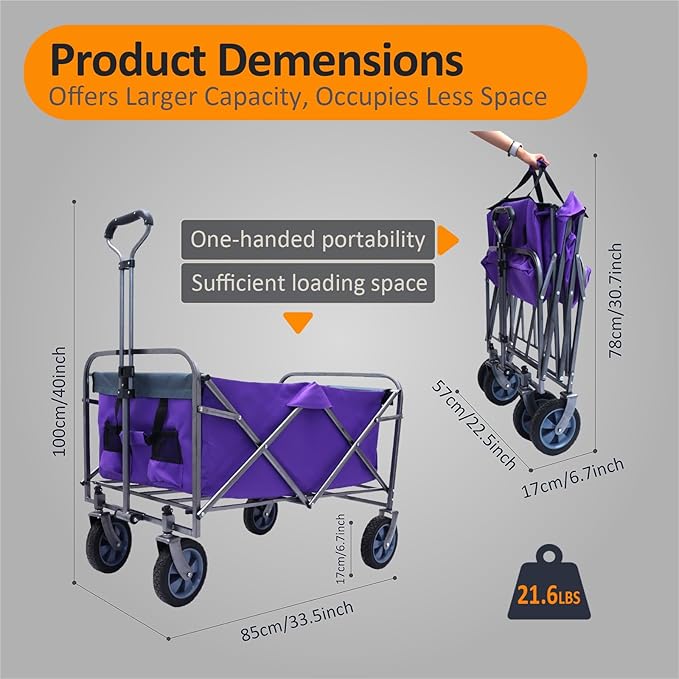 Collapsible Wagon Cart, Large Capacity Utility Foldable Garden Cart, 150 lb Heavy Duty Outdoor Wagon with All-Terrain Wheels, for Camping, Garden,Shopping, Sports, Purple