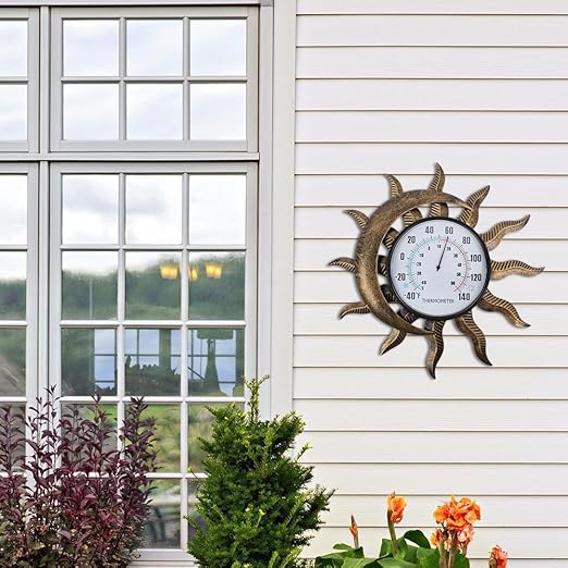 14" Sun-Moon Outdoor Thermometer, Metal Wall Thermometer No Need Battery, Decorative Indoor Thermometer for Patio, Garden, Living Room