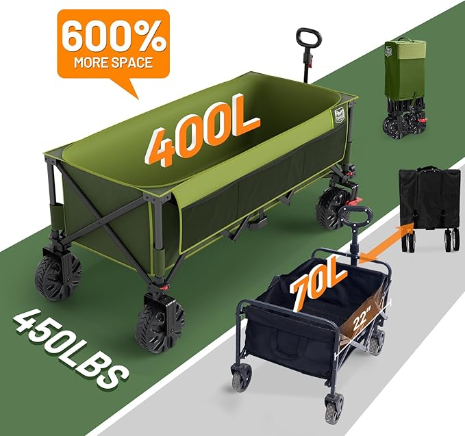 TIMBER RIDGE 51.2" Extended Collapsible Wagon - Heavy-Duty Utility Cart with All-Terrain Wheels, Brakes & Cargo Net, 400L Capacity for Camping, Sports & Shopping, Green