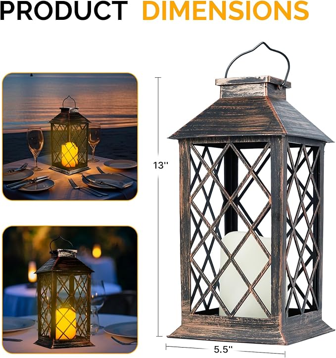 13'' Outdoor Solar Hanging Lantern Lights, Waterproof Flickering Flameless Candle Hollowed-Out Metal Decor Lantern, Garden Decoration for Patio Yard, Gifts for Mom, Brown