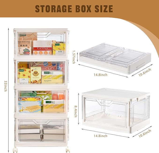 Collapsible Plastic Storage Bins with WheelsClear Stackable Storage Bins with Lid Stackable Storage Bins with Open Door Folding Storage Bins Organizer for Closet Bedroom Living Room