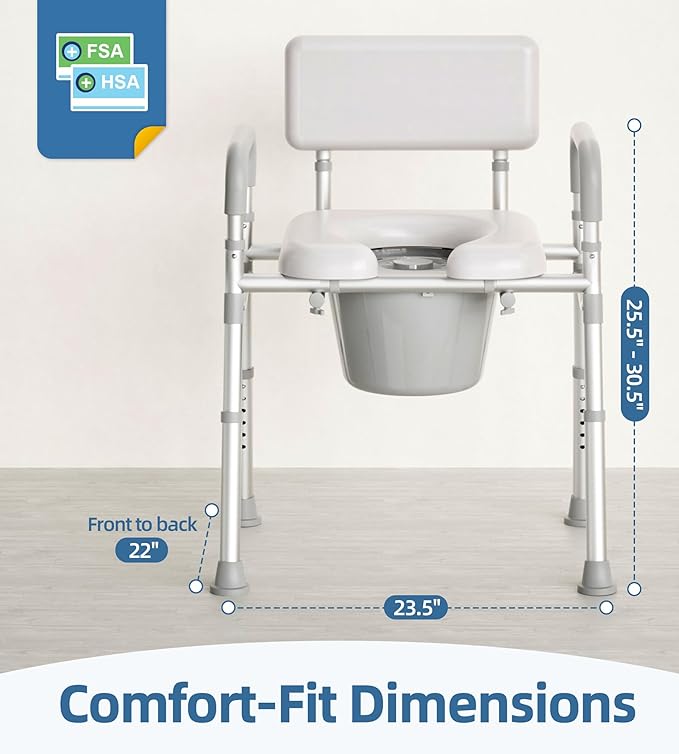 Bedside Commode with Padded Seat and Backrest, Aluminum Commode Toilet with Bucket, Easy Cleaning Portable Toilet for Adults and Seniors, 350 lb Capacity Enhanced Crossbar