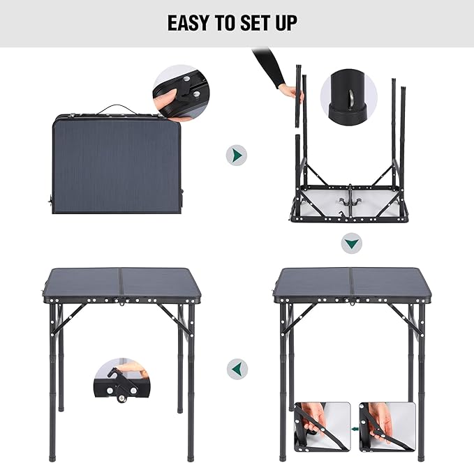 RedSwing Small Folding Table Adjustable Height, Lightweight and Portable Aluminum Frame Camping Table for Outdoor Indoor Picnic, 2 Feet, Grey