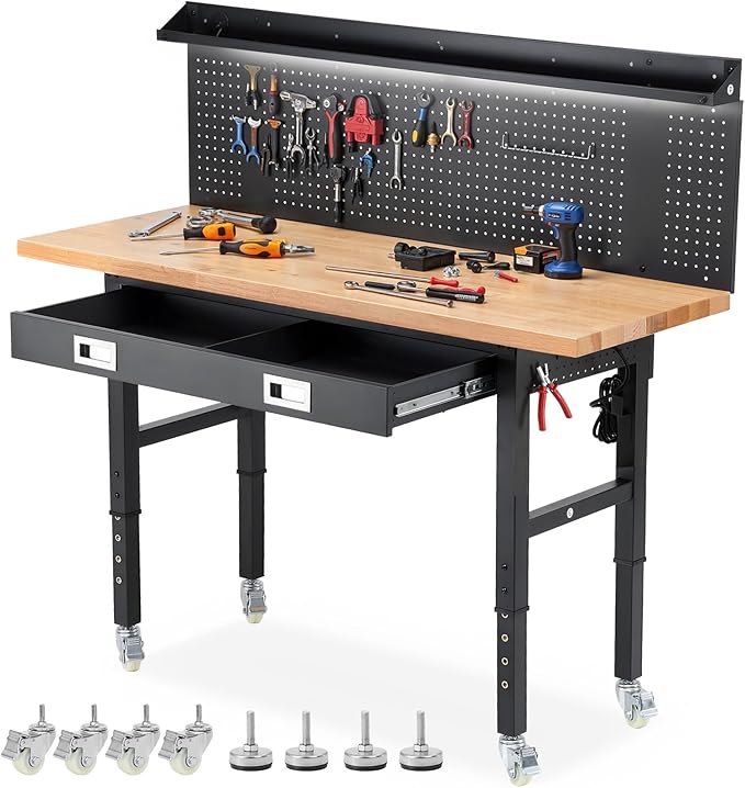 Workbench with Wheels 60 x 22 Inch Heavy Duty Rubber Wood Tabletop Work Bench with Pegboard, Drawers, Power Outlets Adjustable Height Work Table for Woodworking Shop, Home, Office