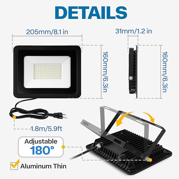 2 Pack Outdoor Flood Light, 5000LM Super Bright LED Work Light with 5.9FT Plug, IP65 Waterproof, 6000K Daylight White, 180Adjustable Bracket for Garage, Yard