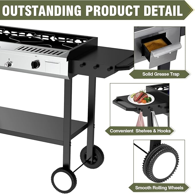BESTFIRE 2 Burner Propane Gas Stove Outdoor Cooking Station – 150,000 BTU Double Cast Iron Burner with Auto Ignition, Regulator, Side Shelves & Wheels – Portable No-Windshield Design for Camping