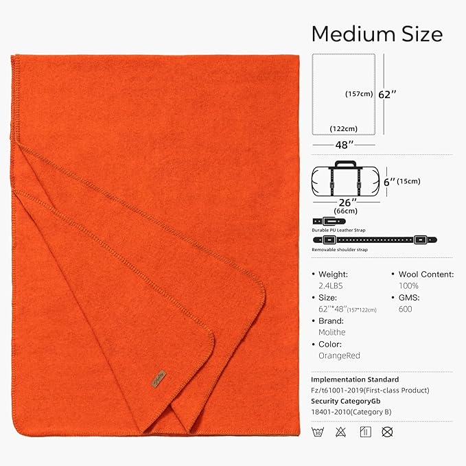 100% Wool Blanket, 48" x 62", Warm, Thick, Washable, Military Wool Blanket, Great for Camping, Outdoors, Sporting Events, Survival Kits, OrangeRed