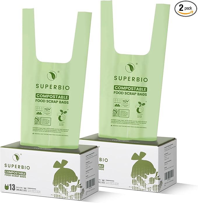 SUPERBIO 13 Gallon Handle Tie Compostable Food Waste Bags, 30 Count, 2 Pack, ASTM D6400, BPI and OK compost INDUSTRIAL, 49.2L, 0.87 Mil