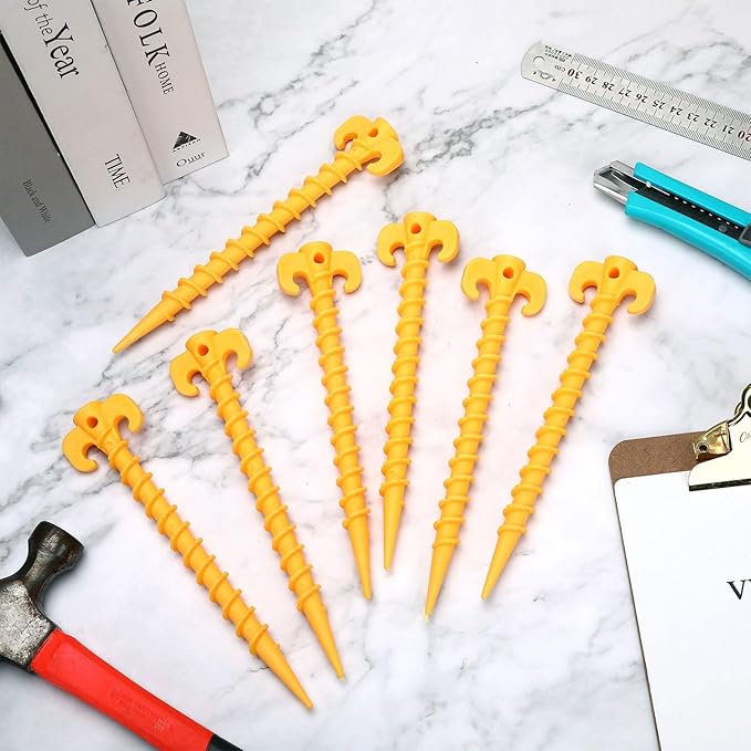 AUGSUN 8 Pack Plastic Tent Stakes Heavy Duty, Yellow Sand Stakes for Beach 7.5 Inch Screw in Tent Stakes Spiral Ground Anchors Tent Pegs Canopy Stakes for Inflatables Outdoor Camping Hiking Garden