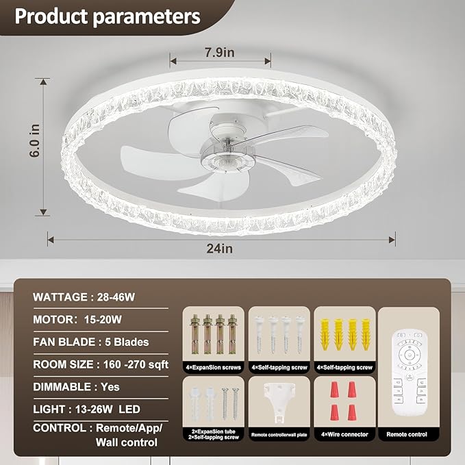 Ceiling Fans with Lights, 24 Inch Ceiling Fan with Light and Remote, Low Profile Reversible White Fandelier Ceiling Fan, Dimmable LED, Flush Mount, DC Motor, for Bedroom, Kitchen, Office