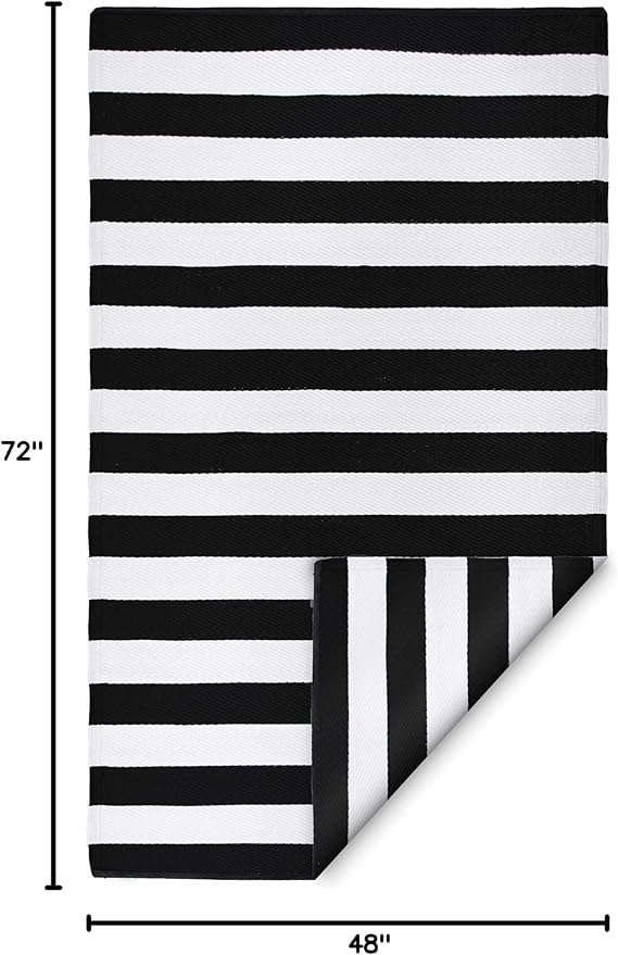 FH Home Outdoor Rug - Waterproof, Fade Resistant, Reversible - Premium Recycled Plastic - Striped - Patio, Deck, Porch, Balcony, Laundry Room - Brittany Stripe - Black & White Crease Free - 4 x 6 ft