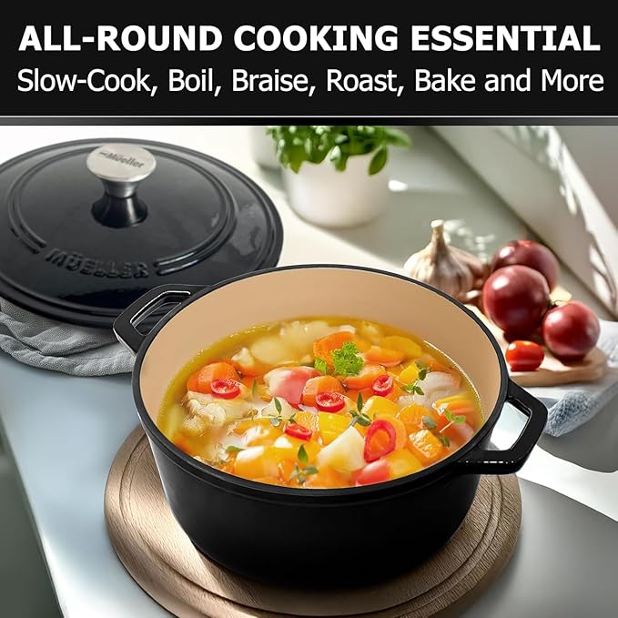 MÜELLERHOME 4.5 QT Enameled Cast Iron Dutch Oven, Heavy-Duty Casserole Dish and Braiser Pan with Lid and Stainless Knob, Oven-Safe up to 500° F & Across All Cooktops, Black