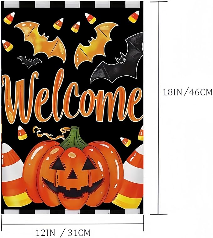 Welcome Halloween Garden Flag 12X18 Inch Double Side,Pumpkin Jack O Lantern Yard flag,Bat Outside Small Garden Flag Decorative,Outdoor Flag for Holiday Patio Courtyard Lawn