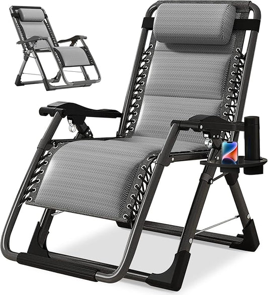 NAIZEA Padded Zero Gravity Chair, Cooling Fabric Folding Outdoor Lounge Chairs, Adjustable Reclining Camping Chairs with Cup Holder, Ergonomic Patio Lawn Chair for Balcony Beach Deck Yard