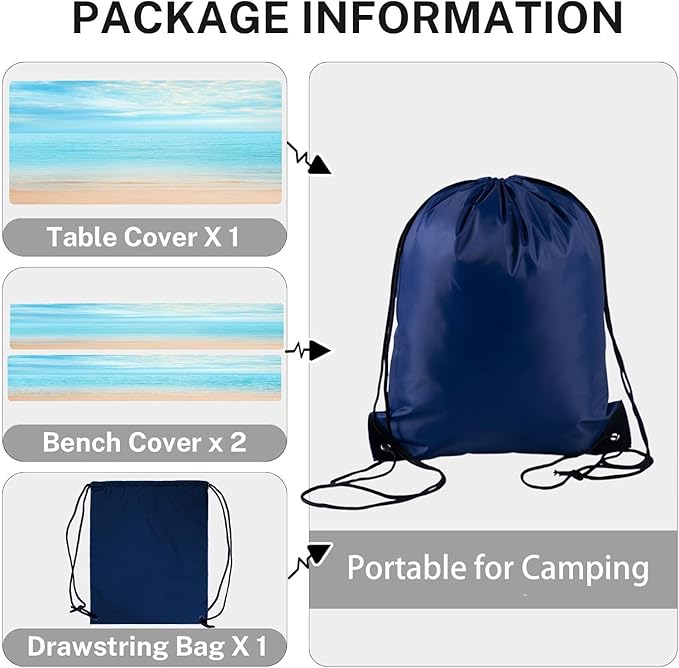 CAPSCEOLL Fitted Picnic Table Cover with Bench Covers with Elastic 8Ft Waterproof Camping Picnic Table Cover Cloths for Outdoors Camping Tablecloth with Drawstring Bag, 96X30in, Summer Beach