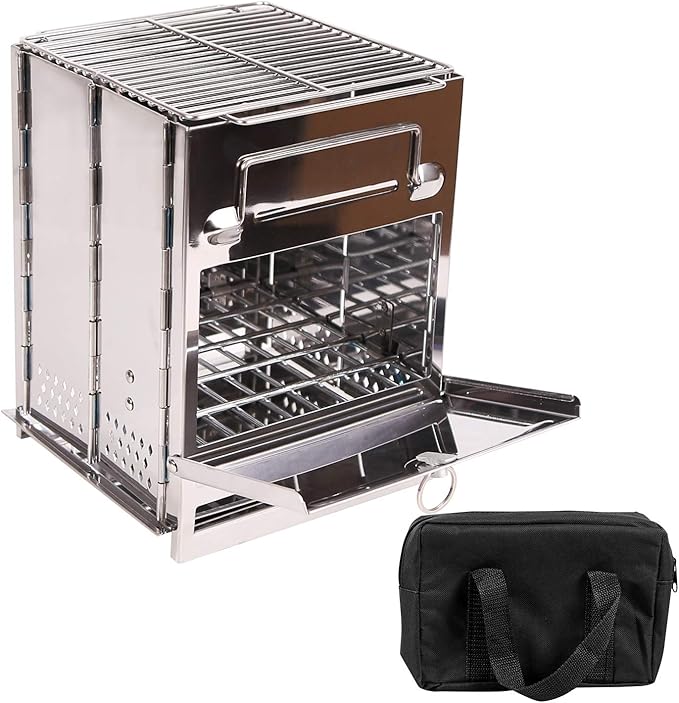 Portable Folding Camping Wood Stove for Outdoor Cooking, Sturdy Lightweight 304 Stainless Steel Wood Burning Camp Stove with Grill for Backpacking BBQ Small/Large (Large)