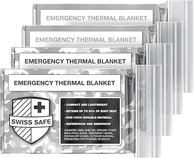 Swiss Safe 4 Pack Mylar Emergency Blankets for Survival - Compact & Insulated for Cold Weather - Designed for NASA, Outdoor, Running, Camping, Survival, First Aid Car Kit - Camouflage, 4 Pack