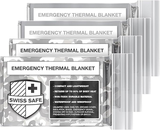 Swiss Safe 4 Pack Mylar Emergency Blankets for Survival - Compact & Insulated for Cold Weather - Designed for NASA, Outdoor, Running, Camping, Survival, First Aid Car Kit - Camouflage, 4 Pack