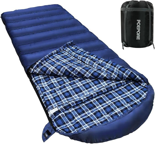 0 Degree Sleeping Bag 100% Cotton Flannel XXL Cold Weather Winter Oversized Sleeping Bag for Adults Camping Zero Degree Big and Tall with Compression Sack