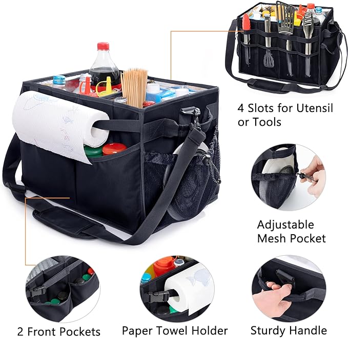 Large Grill Caddy with Paper Towel Holder – Collapsible BBQ Organizer for Camping, Tailgating, RV, Boating – Grilling Gifts for Men – Griddle Tote Bag with Shoulder Strap – Outdoor Essentials