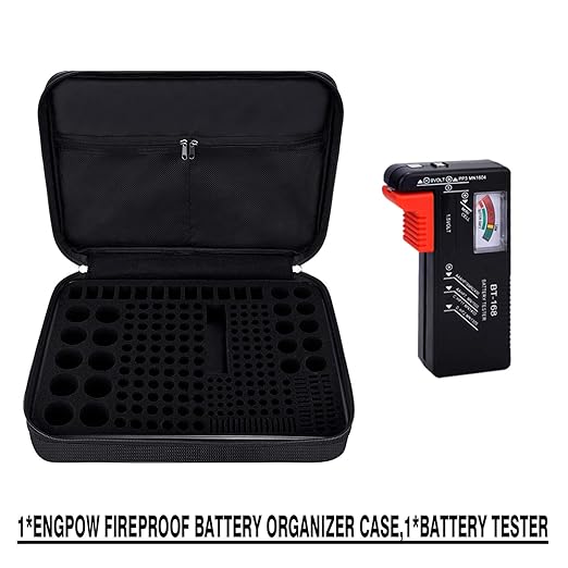 ENGPOW Battery Organizer, Fireproof Battery Organizer Storage Case with Tester (BT168),Water-Resistant Explosionproof Battery Holder Box with Cover and Zipper, Holds 220+ AA AAA C D 9V Batteries