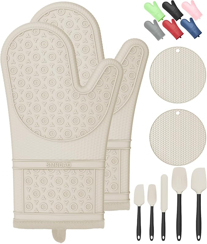 Oven Mitts with Heat-Resistant Hot Pads and Five Silicone Spatulas Designed for Kitchen Baking Cooking, Oven Glove Soft Cotton Lining, Waterproof, BPA-Free (Beige, 12.6)
