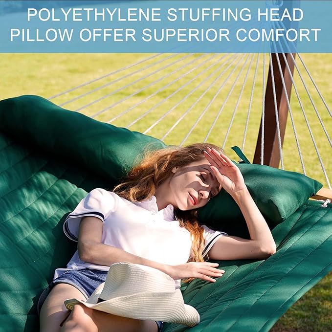 Lazy Daze Hammocks 12 FT Double Quilted Hammock with Spreader Bars and Pillow, 2 Person Hammock for Outdoor Patio Backyard Poolside, 450 LBS Weight Capacity, Dark Green/Natural