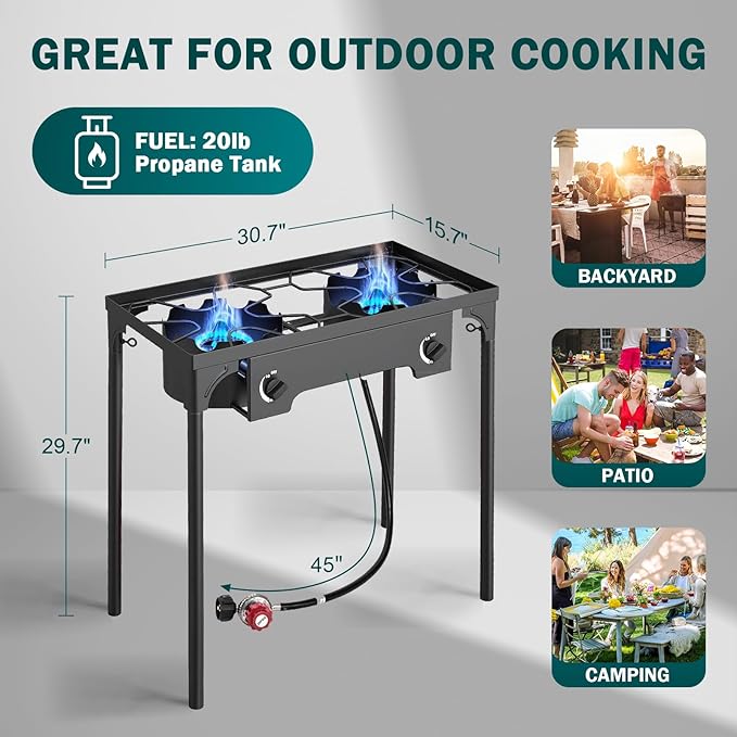 2 Burner Propane Gas Stove | 150,000 BTU High-Pressure Heavy-Duty Camping Stove with Regulator, Detachable Legs | Portable for Outdoor, Backyard, Patio BBQ, Baking, Frying, Brewing, Tailgating