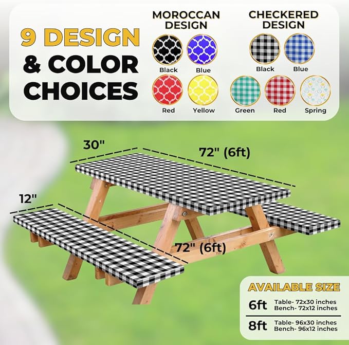 RNOONY Vinyl Fitted Picnic Table Cover with Bench Covers and Bag, 6ft Outdoor Waterproof Windproof Tablecloth with Elastic Edges. Camping RV Gear Campers Must Have 72x30 Inches 4 Pcs Set (Black)
