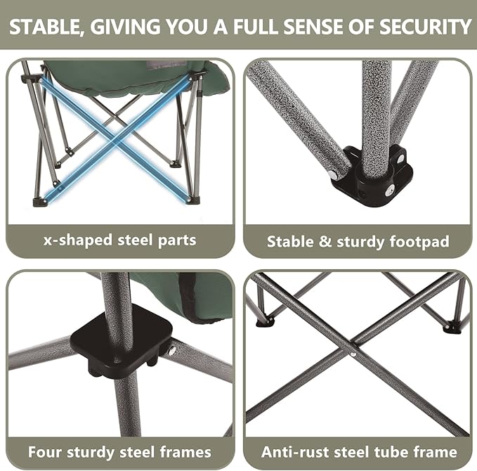 Oversized XL Padded Camping Chair Set of 2 Wide Heavy Duty Lawn Chairs Support 450 LBS Portable Folding Gaint Plus Camp Chair for Outdoor Outside Sports Baseball Soccer-Green