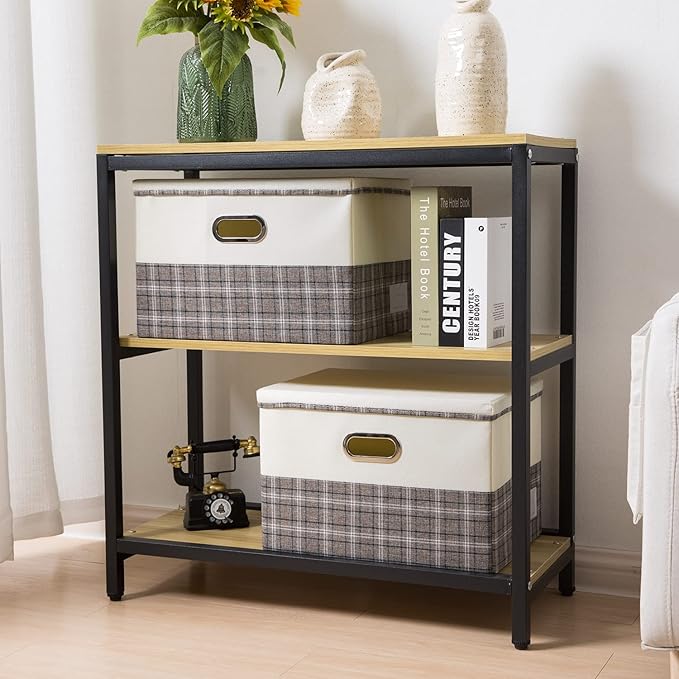 PRANDOM Large Collapsible Storage Bins with Lids [3-Pack] Fabric Foldable Storage Boxes Organizer Containers Baskets Cube with Cover for Home Bedroom Closet Office Gray plaid & Cream(17.7x11.8x11.8)