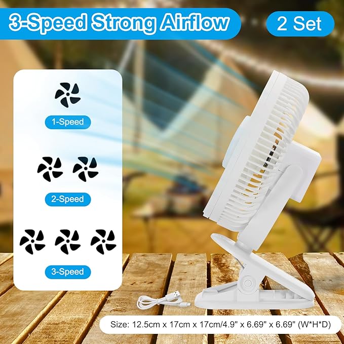 PATIKIL Portable Desk Fan, 2 Pcs Camping Fan 6 Inch with LED light 3 Speeds Strong Airflow Sturdy Clip Quiet USB Cord Powered for Tent Camping, Home and Office, White