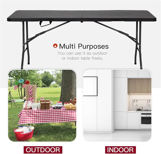 PayLessHere Folding Tables Plastic 6ft Folding Table Half Portable Foldable Table for for Parties Wedding BBQ Camping,Garden, Party, Black Ratten 6FT