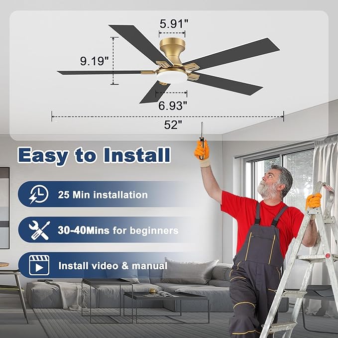 cumilo 52 inch Smart Ceiling Fan with Lights Remote,Quite DC Motor,WIFI Control via Alexa Voice,APP.Dimmable LED,Flush Mount Outdoor Indoor Ceiling Fans for Bedroom Patio Porch,Gold and White Black