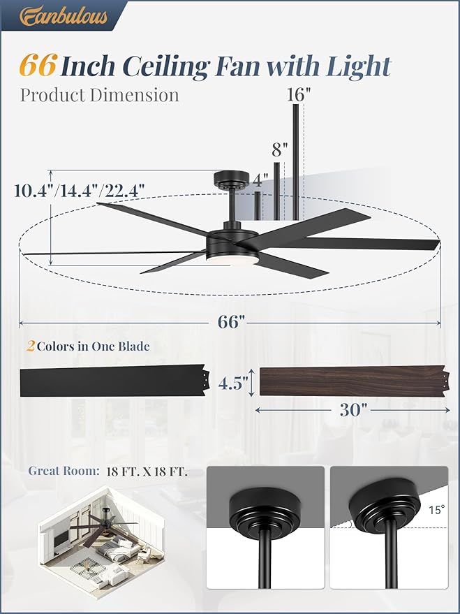 66 Inch Ceiling Fans with Lights and Remote, Reversible 6 Blades, Dimmable, 3000K-6000K Adjustable, Outdoor Ceiling Fans for Patios, Large Ceiling Fan for Indoor or Covered Outdoor, Black