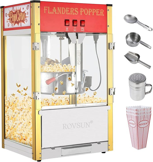 ROVSUN Popcorn Machine with 16 Ounce Kettle ETL Certified, Countertop Popcorn Maker Commercial Popcorn Machine w/Stainless Steel Scoop, Oil Spoon & 3 Popcorn Cups for Home Movie Theater, Red