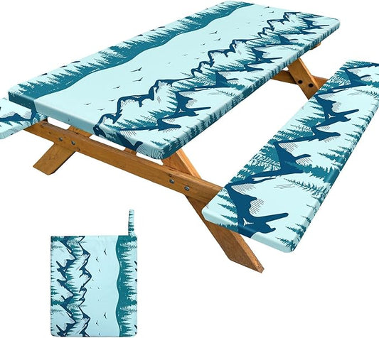 Picnic Table Cover with Bench Covers Portable Table Cloth Built-in Storage Pocket Picnic Table Covers with Elastic Waterproof Camping Essentials for RV Camping