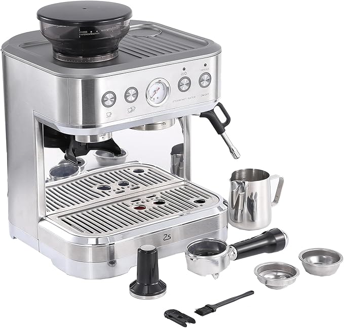 15 Bar Express Espresso Machine with Built-in Grinder,Stainless Steel Semi Automatic Espresso Maker,Dual PID Control, 80oz Water Tank,Heating, Milk Frother & Auto-Cleaning,for Lattes and Cappuccinos