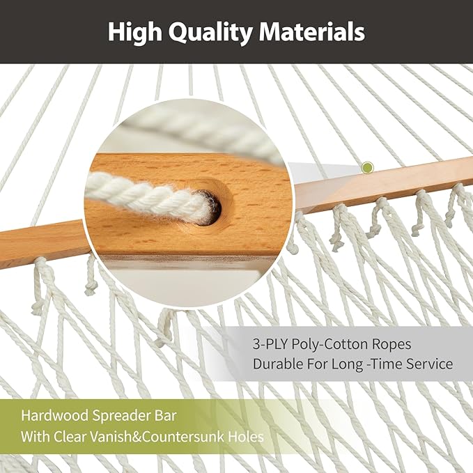 Outdoor Double Hammock with Hardwood Spreader Bars, Large Rope Hammock with Polyester Pad and Pillow, 475 LBS Capacity for 2 Person Patio Backyard Poolside - Green